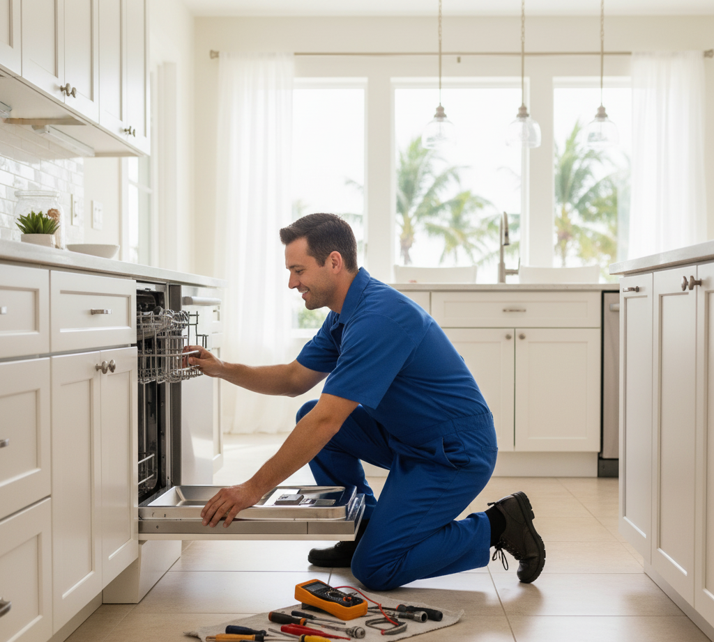 Professional dishwasher repair Delray Beach technician at work