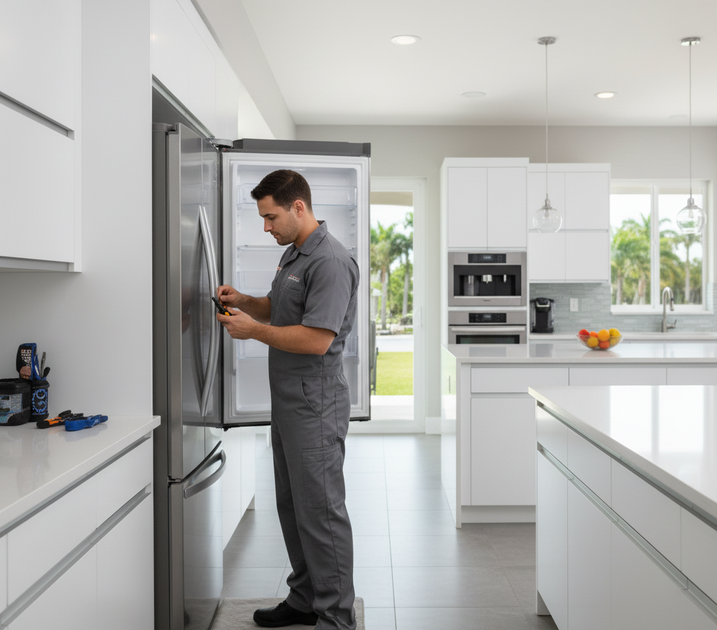 Refrigerator repair Delray Beach technician fixing fridge